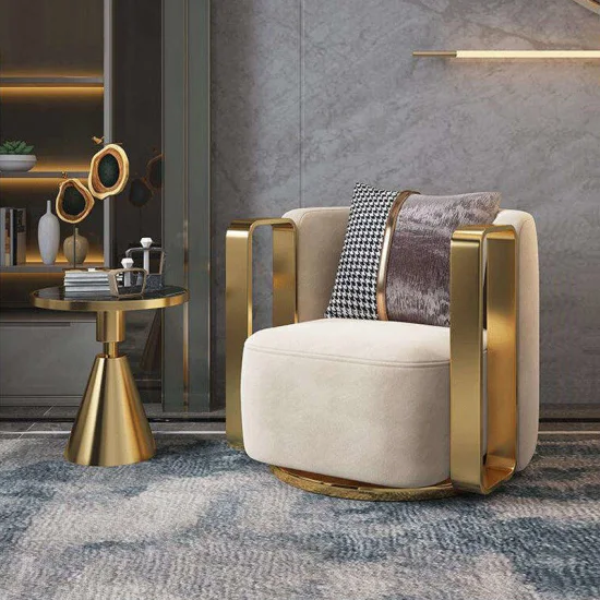 Poltrona girevole da salotto moderna Poltrona da divano singola con struttura in metallo dorato di lusso per mobili da soggiorno